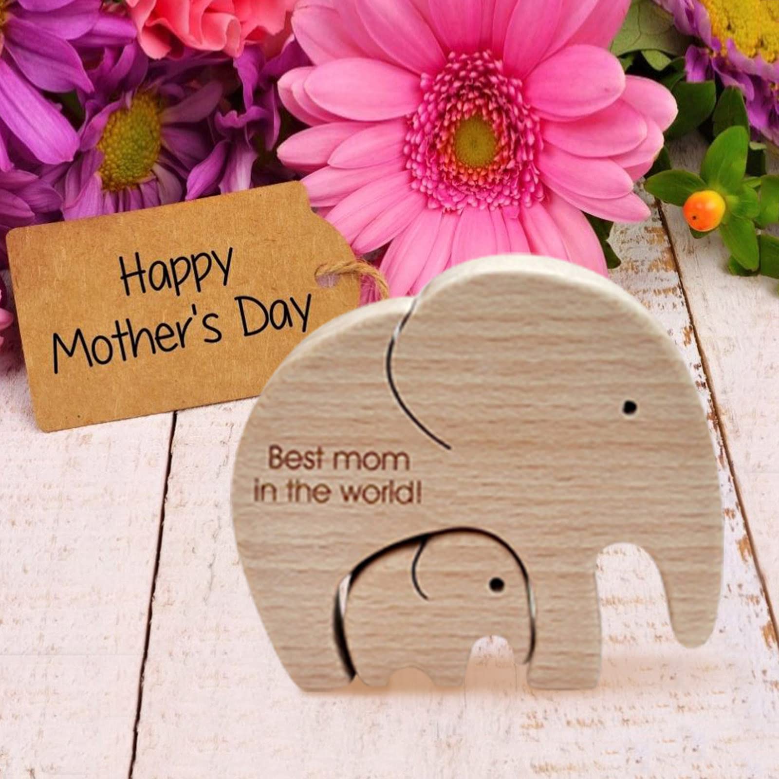 Elephant Mother and Child Wall Art - Handcrafted Wooden Decor for Home, Bedroom, Farmhouse & Living Room - Perfect for Mother's Day Gifts & Desktop Ornaments