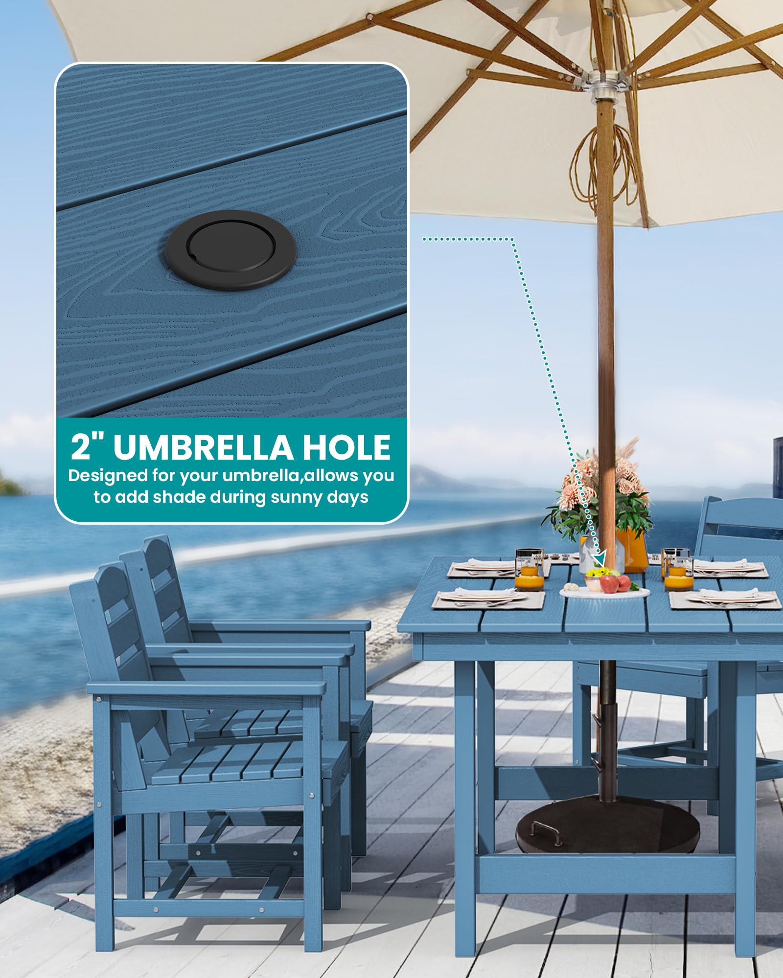 SERWALL Outdoor Patio Dining Table Set with Umbrella Hole - All-Weather HDPE Furniture for Lawn, Garden, Backyard & Poolside - Blue | Perfect for Outdoor Entertaining, BBQ Parties & Relaxing by the Pool