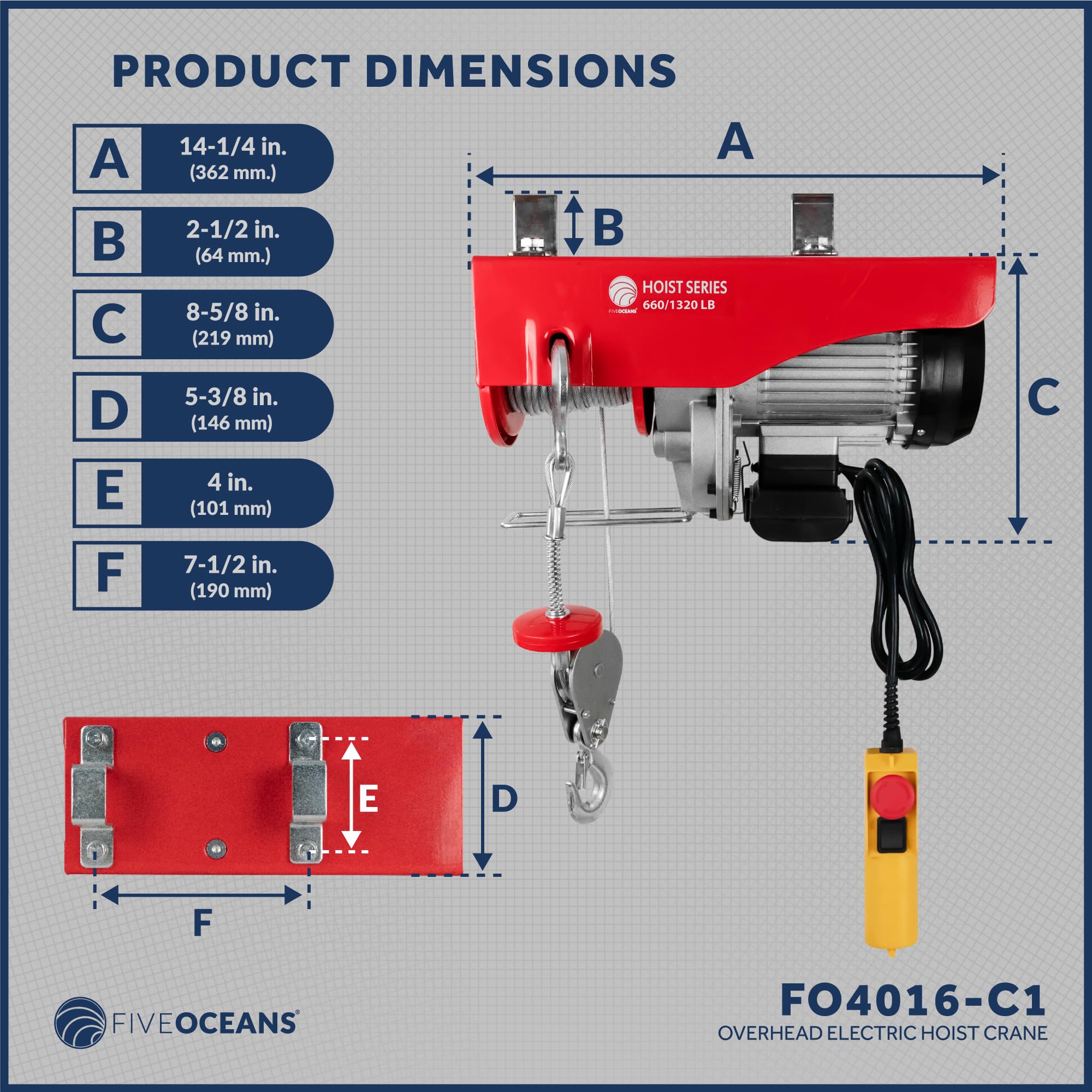 Five Oceans FO4016-C1 1320 Lbs Electric Overhead Hoist Lift Crane - Heavy Duty Garage Ceiling Pulley Winch with Zinc-Plated Steel Wire & 20FT Remote Control - Includes Working Gloves for Safe Lifting - Perfect for Garage, Workshop, and Industrial Use