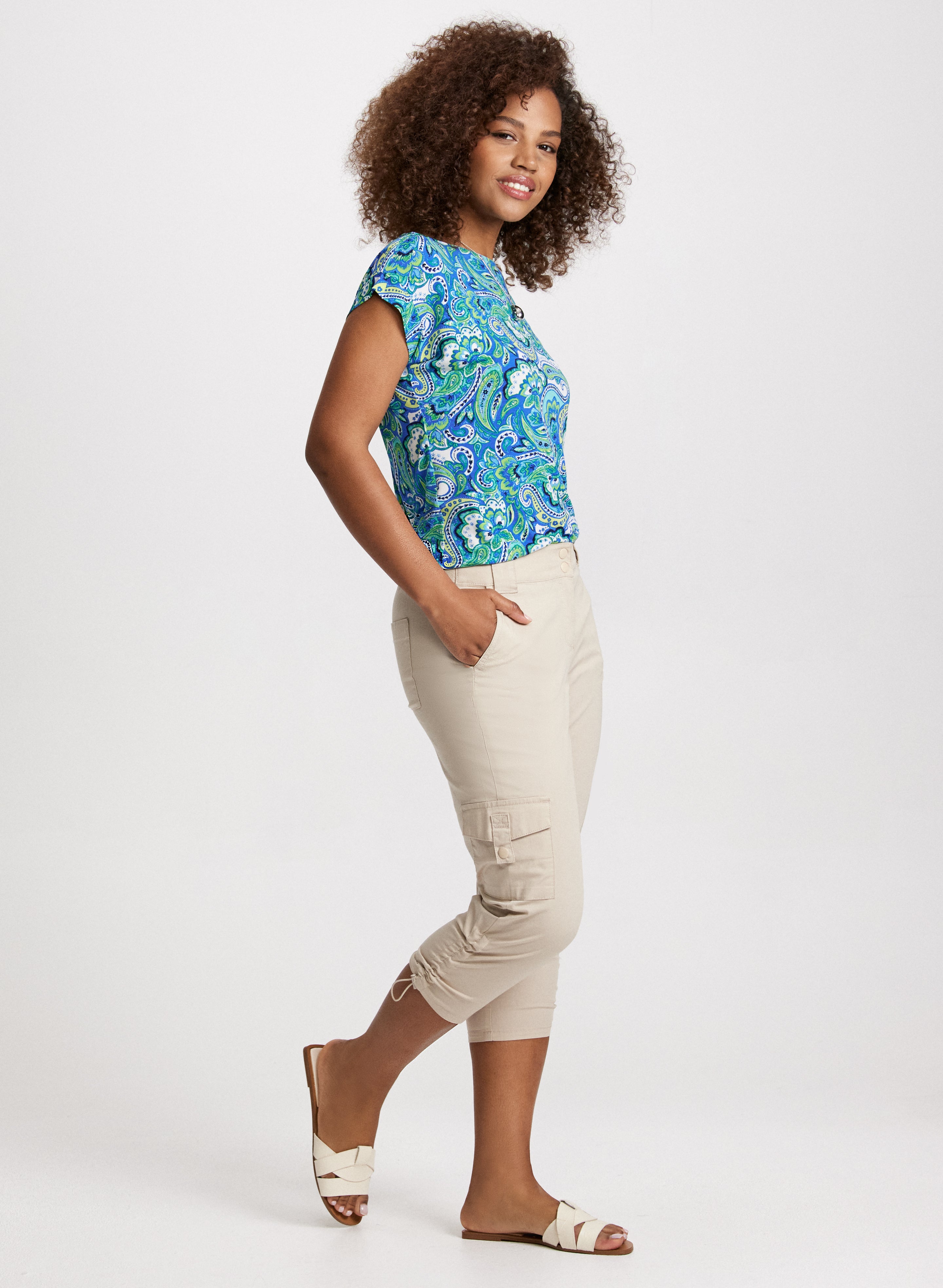 Stylish Cuffed Sleeve Paisley Print Blouse & Cropped Drawstring Hem Cargo Pants Set | Women's Fashion Outfit for Casual Wear, Street Style & Summer Outings