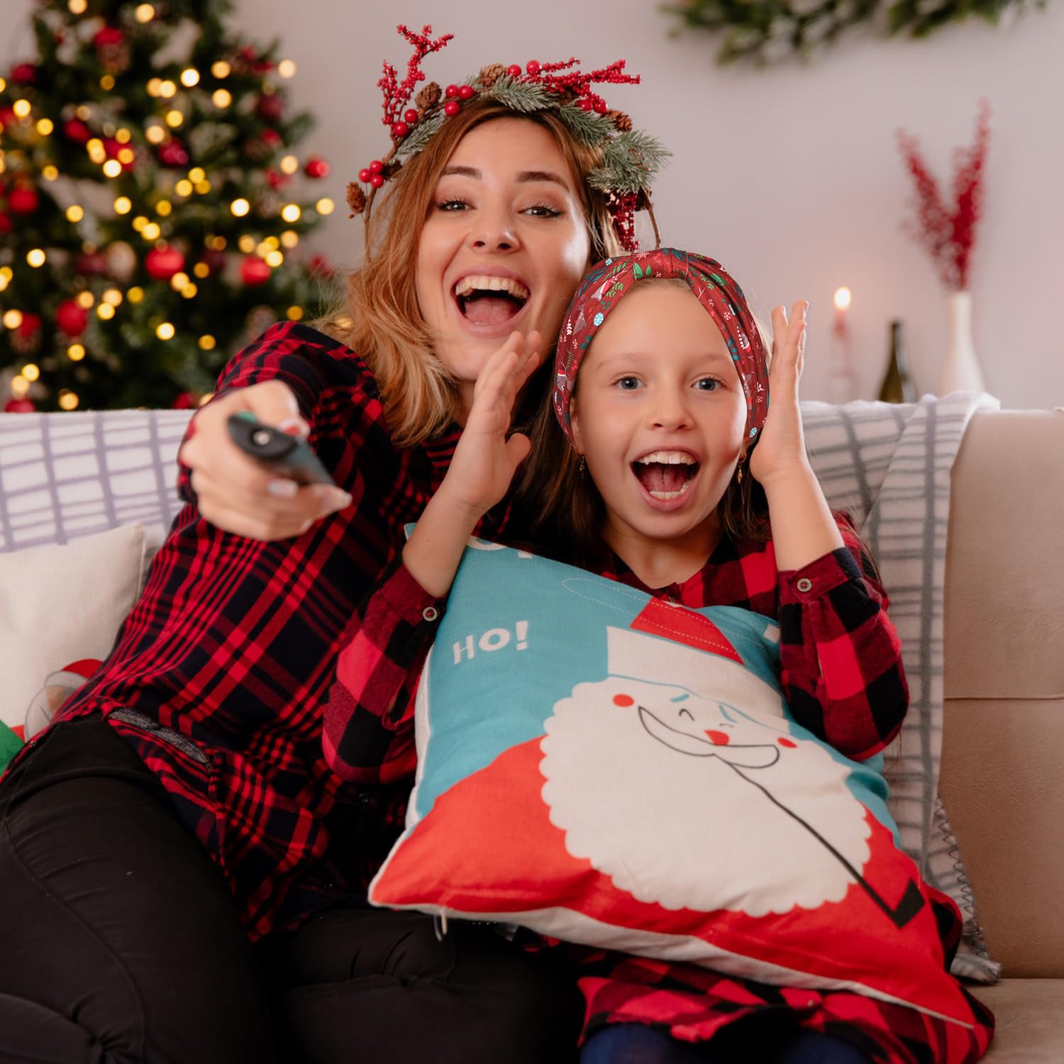 HIXNUG 4Pcs Christmas Turban Headbands - Wide Elastic Boho Hair Bands with Xmas Tree & Snowman Print - Festive Holiday Accessories for Women & Kids (Perfect for Christmas Parties, Family Gatherings & Photo Shoots)