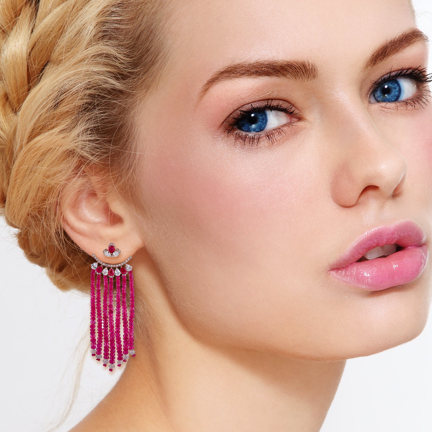 Faceted Ruby Beads Prong Rose Cut Diamond July Birthstone Chandelier Ear Jacket in Rose Gold - Elegant Jewelry for Weddings, Parties & Special Occasions