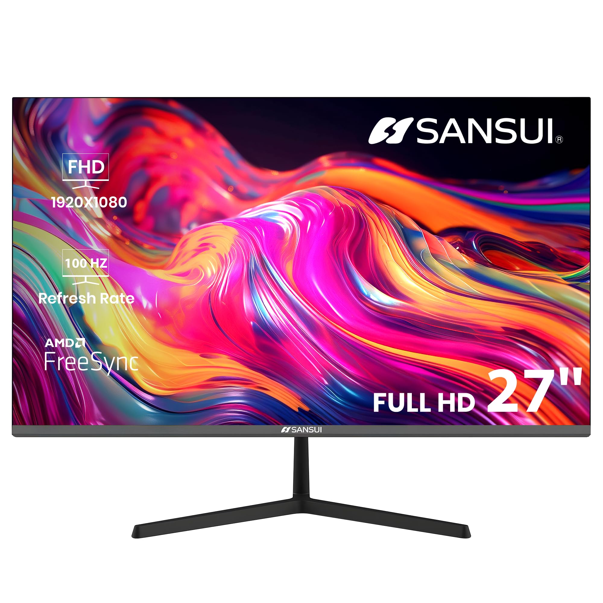 27-inch SANSUI IPS Gaming Monitor - 100Hz, FHD 1080P, HDR10, Built-in Speakers, HDMI/VGA Ports, Adaptive Sync for RTS/FPS Games, Tilt Adjustable - Perfect for Home Office, Gaming Setup & Multimedia Entertainment