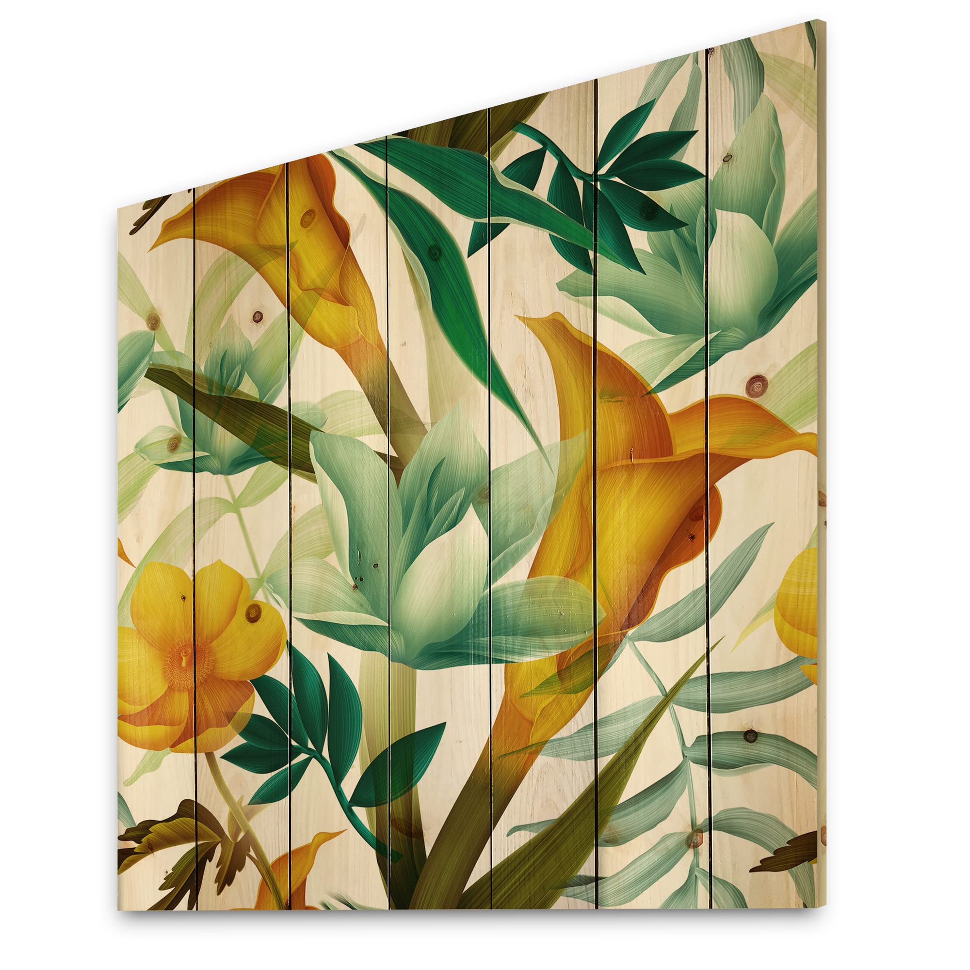 DesignQ Tropical Foliage & Yellow Flowers Modern Wood Wall Art - Large Floral Pine Wood Panel Decor for Living Room, Bedroom & Office - Contemporary Botanical Home Decor