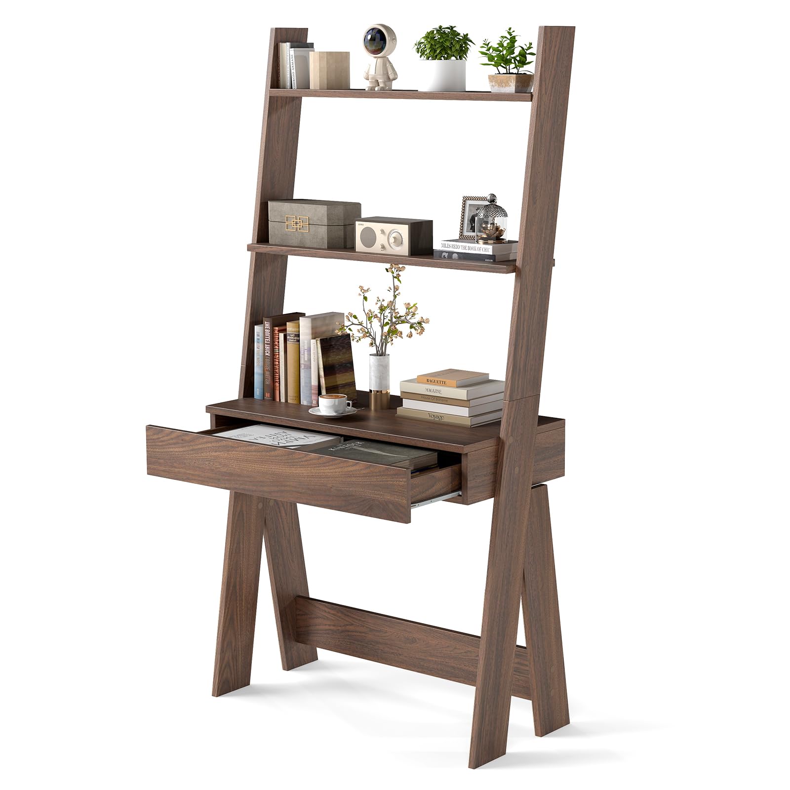 Tangkula Wall-Leaning Ladder Desk with Countertop & Drawer - Compact Home Office Computer Table with Open Shelves & Anti-Tip Kits - Space Saving Workstation for Small Rooms, Apartments & Dorm Rooms - Perfect for Remote Work, Study & Writing (Walnut)