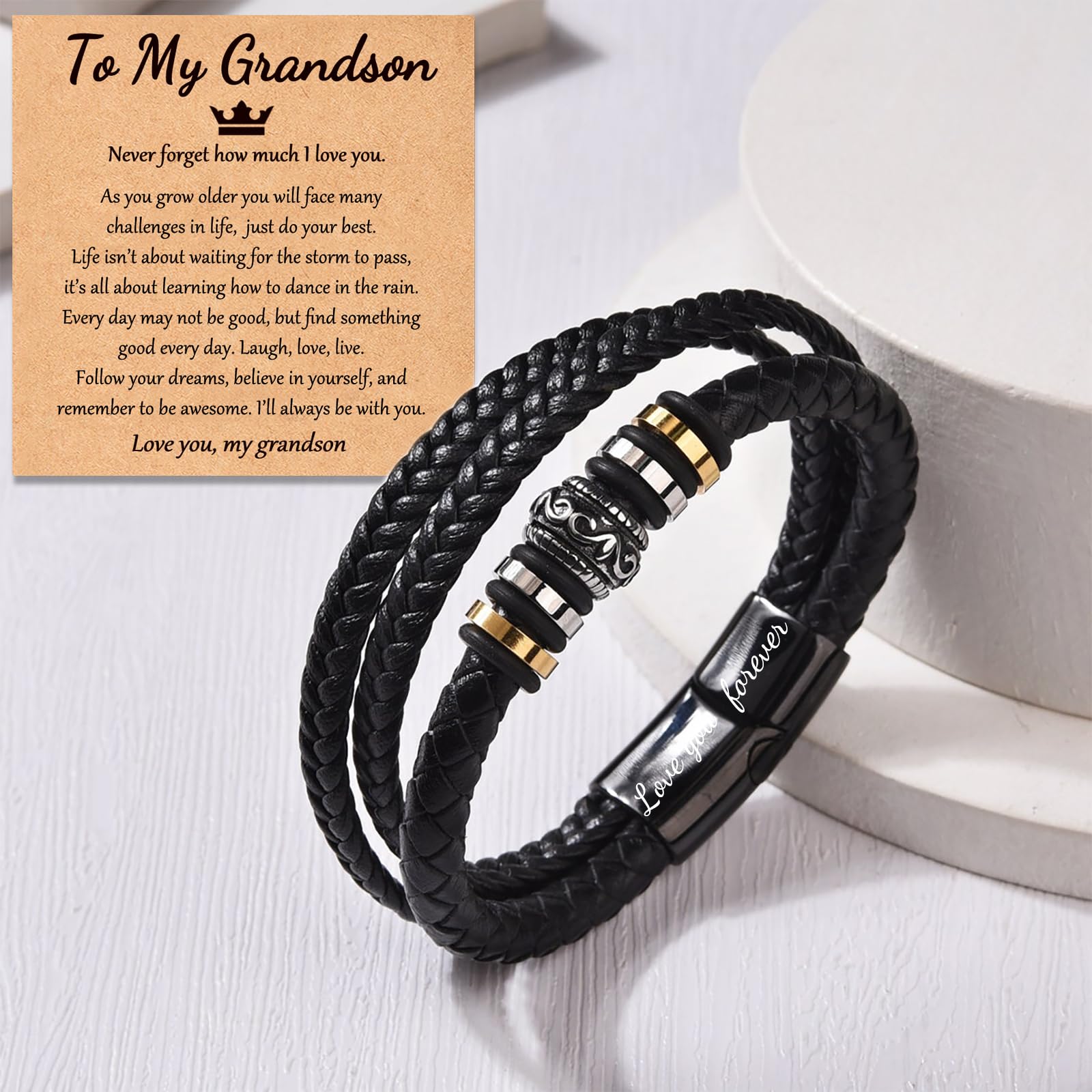 Handmade Braided Leather Bracelet for Men & Boys - Thoughtful Grandson, Son, Brother, Nephew Gift from Grandma or Mom - Perfect for Birthdays, Holidays & Special Occasions