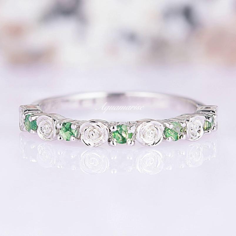 Natural Green Moss Agate Rose Wedding Band Ring - Sterling Silver 925 for Women - Elegant Bridal Jewelry, Anniversary Gift, Boho Engagement Ring for Outdoor & Beach Weddings