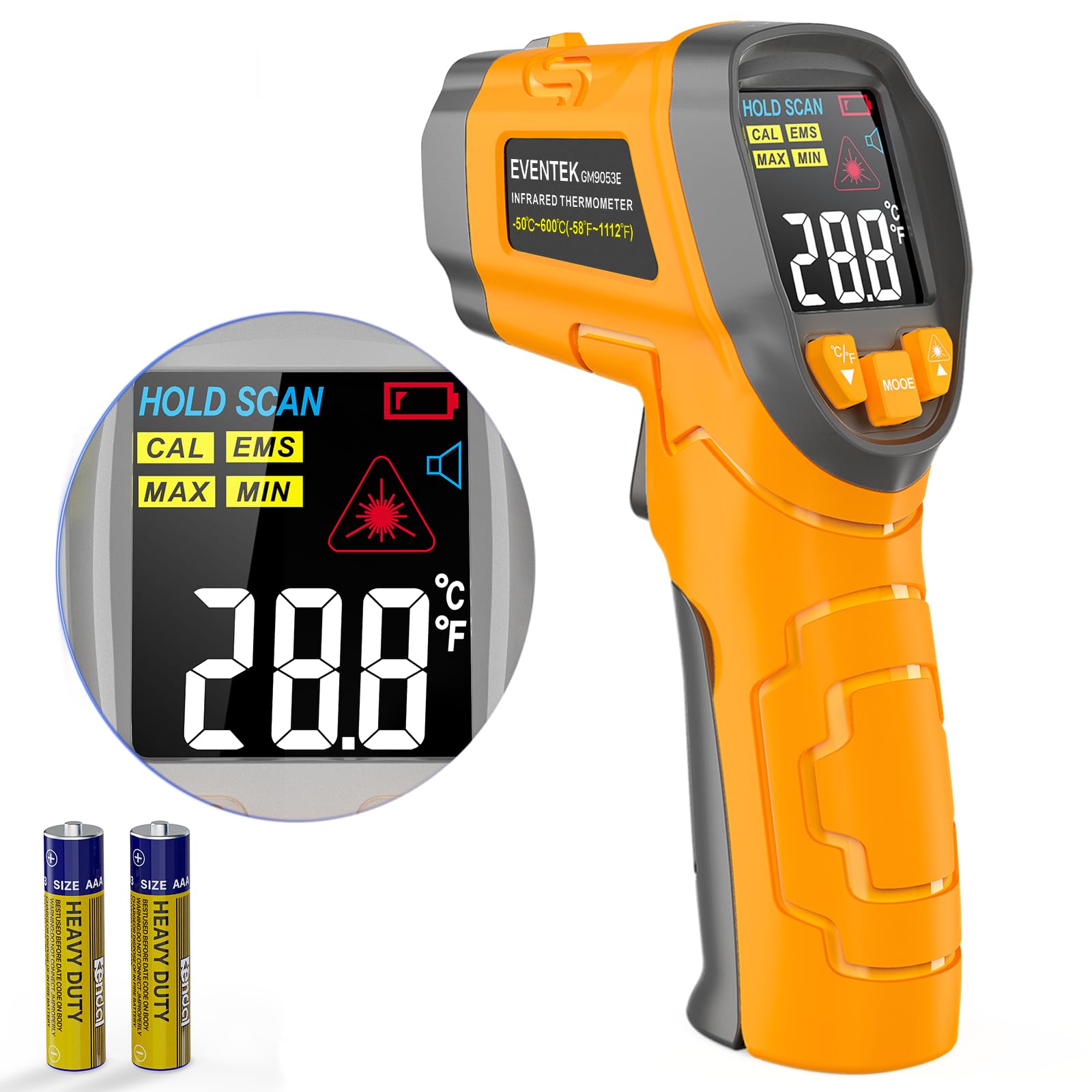 Eventek Digital Infrared Thermometer - Non-Contact Laser Temperature Gun with Color Display (-58°F to 1112°F / -50°C to 600°C), Adjustable Emissivity for Cooking, BBQ, Pizza Oven, Engine, HVAC, Industrial Use - Perfect for Kitchen, Automotive, and Home Maintenance