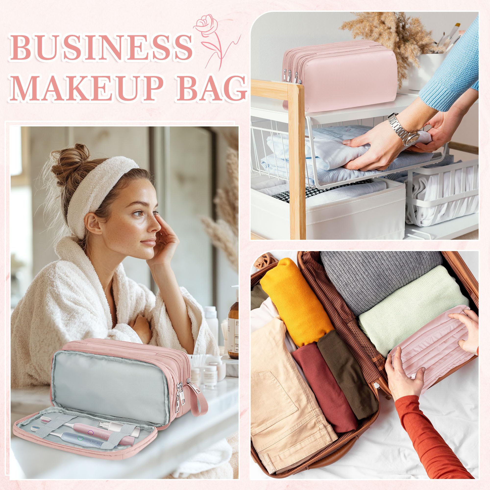 TOPEAST Hanging Travel Toiletry Bag for Women - Waterproof Cosmetic Organizer with Multiple Pockets for Makeup, Shampoo, Skincare | Perfect for Bathroom Door, Hotel Room Essentials & Weekend Getaways (Pink)