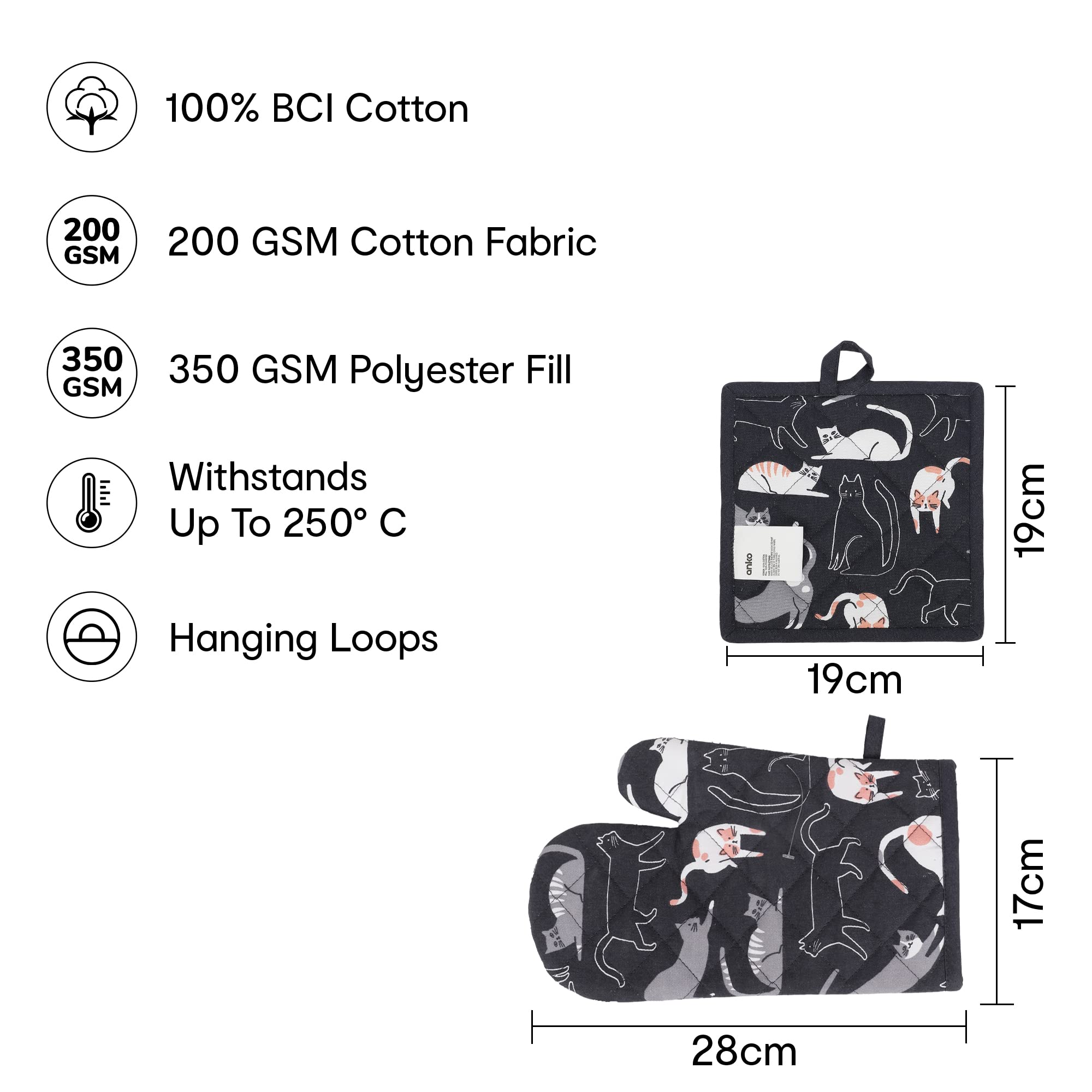 Anko Heat Resistant Oven Gloves and Pot Holder Set of 2 - 100% Cotton with Unique Print - 11