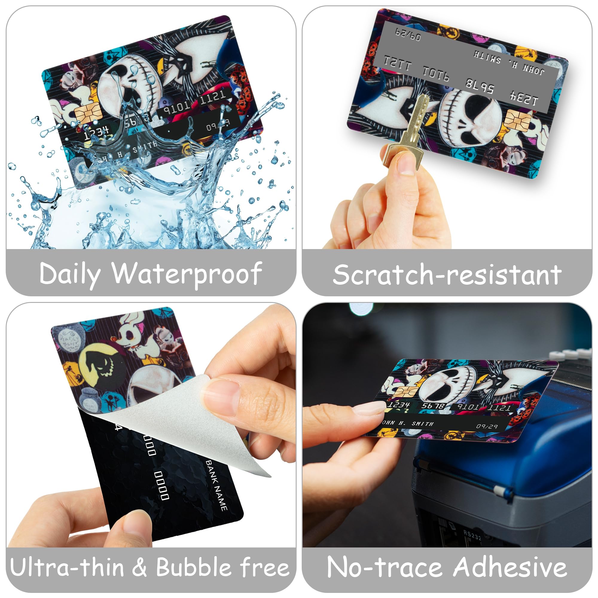 Halloween Jack and Sally Credit Card Skins - 4Pcs Removable Cartoon Skull Card Stickers for Debit/Bank Cards | Skeleton Themed Protective Skins for Halloween & Christmas Gifts | Perfect for Credit Card Protection, Themed Parties & Spooky Gift Giving