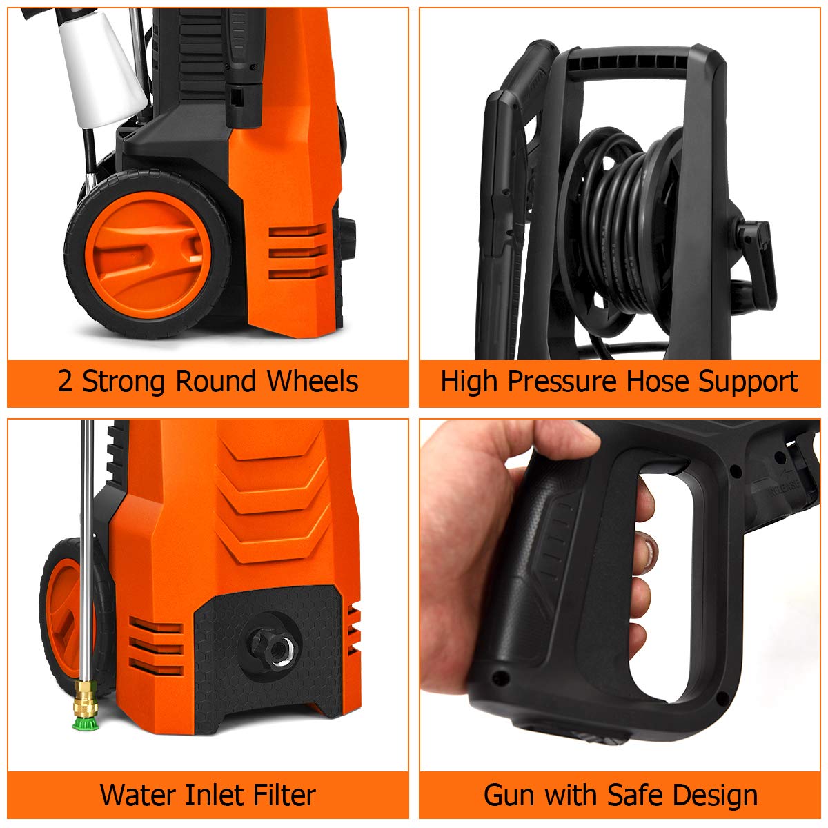 Goplus 3500PSI 2.6GPM Electric Pressure Washer - 1800W High Power Portable Pressure Cleaner with 4 Nozzles for Car, Fence, Patio, Driveway, Deck & Garden Cleaning (Orange) - Perfect for Home, RV and Outdoor Surface Deep Cleaning