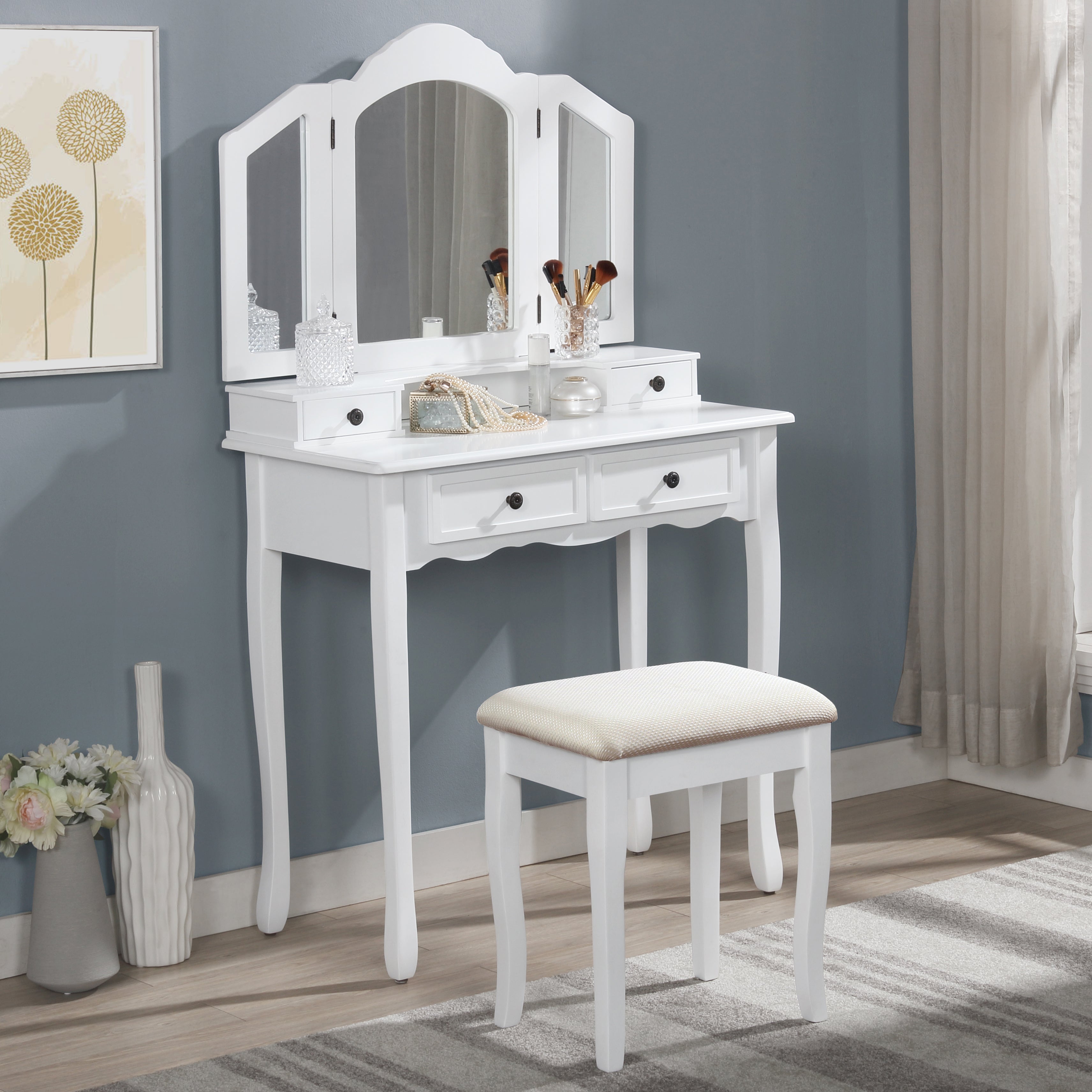 Roundhill Furniture Sanlo Wooden Vanity Makeup Table and Stool Set with Mirror - Elegant Dressing Table for Bedroom, Bathroom & Beauty Salon