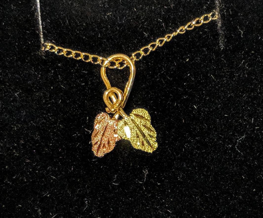 10kt Solid Gold Three-Tone Two Leaf Pendant with Red & Green Enamel - Includes 18
