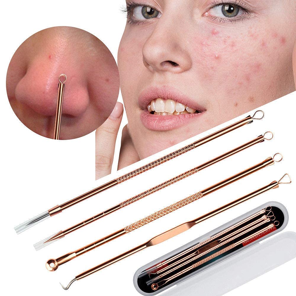 MACPLUS 4Pcs Professional Blackhead & Pimple Remover Kit - Golden Comedone Extractor Tools for Acne & Blackhead Removal on Face | Perfect for Home Spa & Skincare Routine