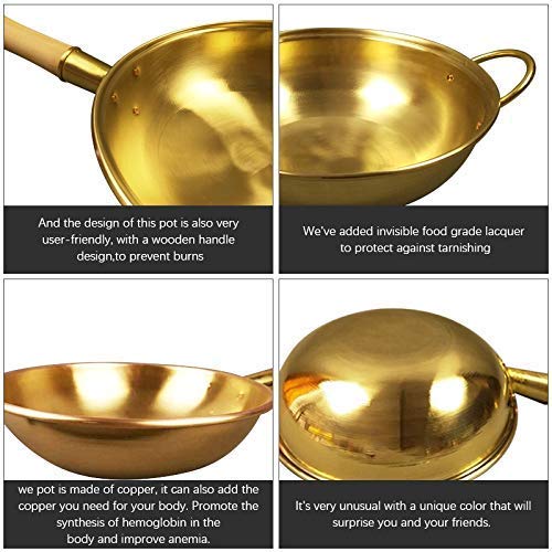**Pure Copper Wok Pan - 34cm Thickened Brass Frying Pan with Wooden Handle - Professional Cookware for Stir-Fry, Sauté & Deep Frying - Ear Copper Pot for Home & Restaurant Use**