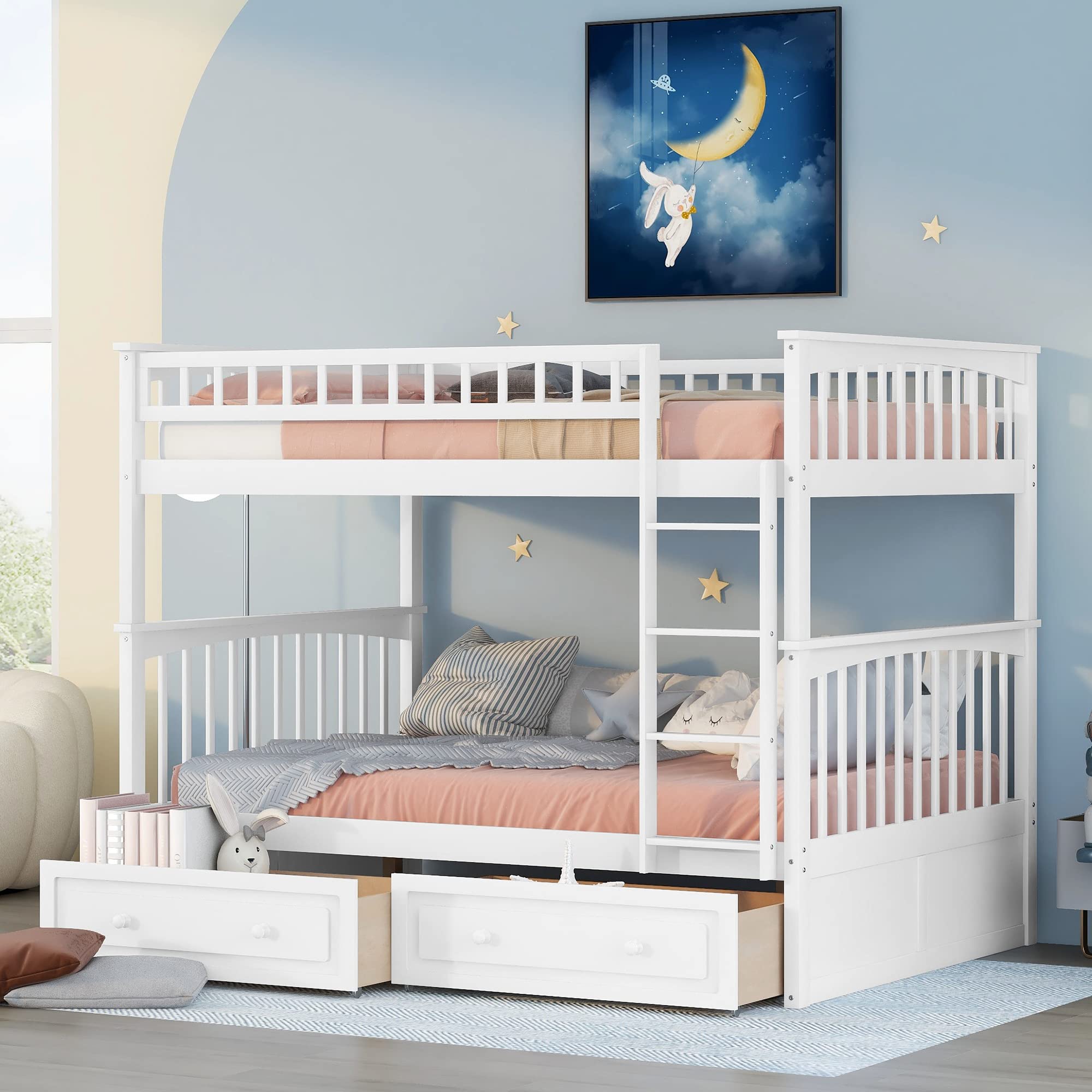 Full Over Full Bunk Beds with Storage Drawers - Detachable Wooden Bunk Bed with High Guardrail for Teens, Adults, Boys & Girls - Space Saving Bedroom Furniture for Kids Rooms, Guest Rooms & Small Apartments - White