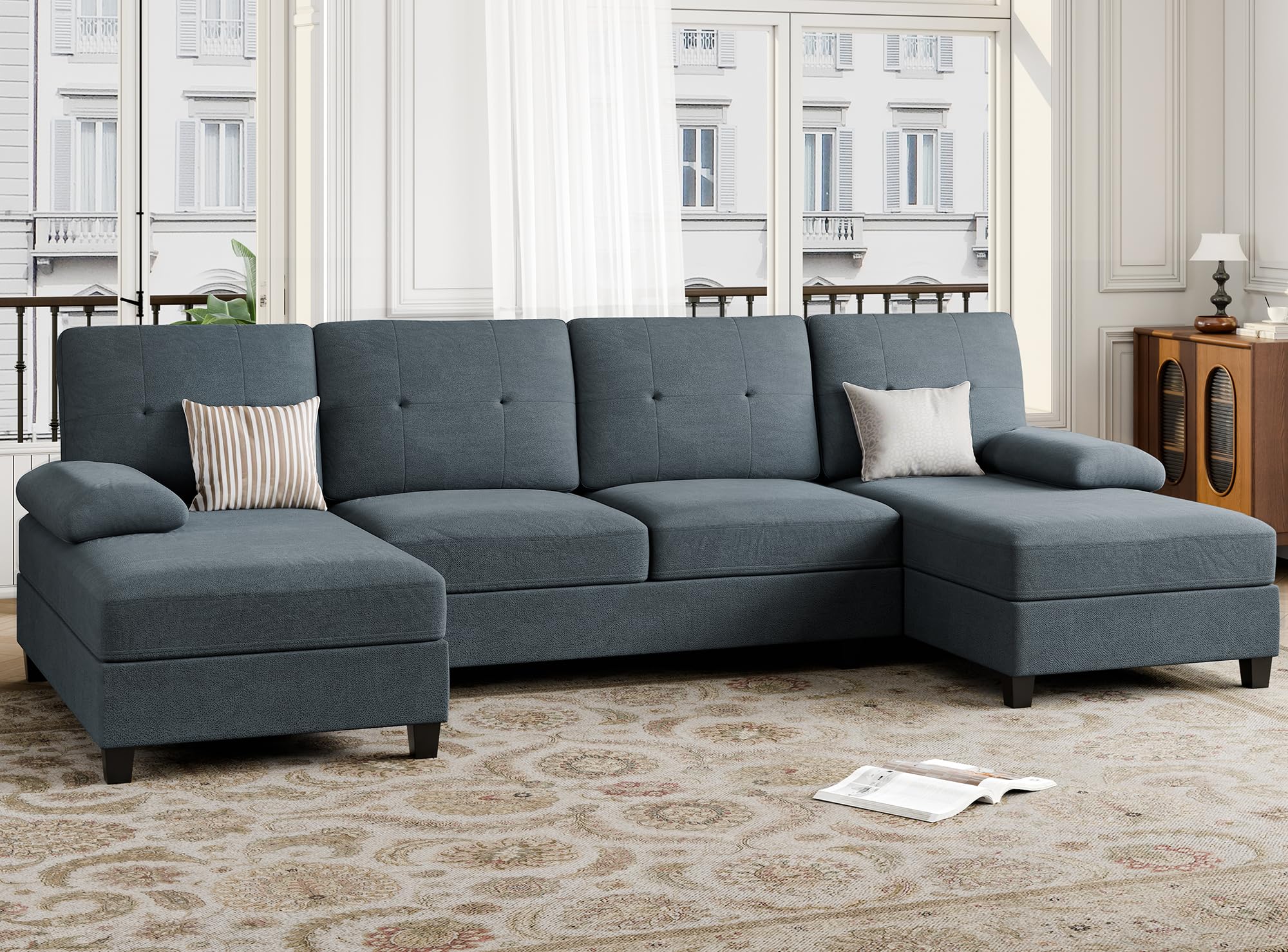 JAMFLY U-Shaped Sectional Sofa Set with Double Chaise - 4-Seater Dark Grey Couch for Living Room | Modern L-Shaped Couch for Small Spaces, Family Gatherings & Movie Nights