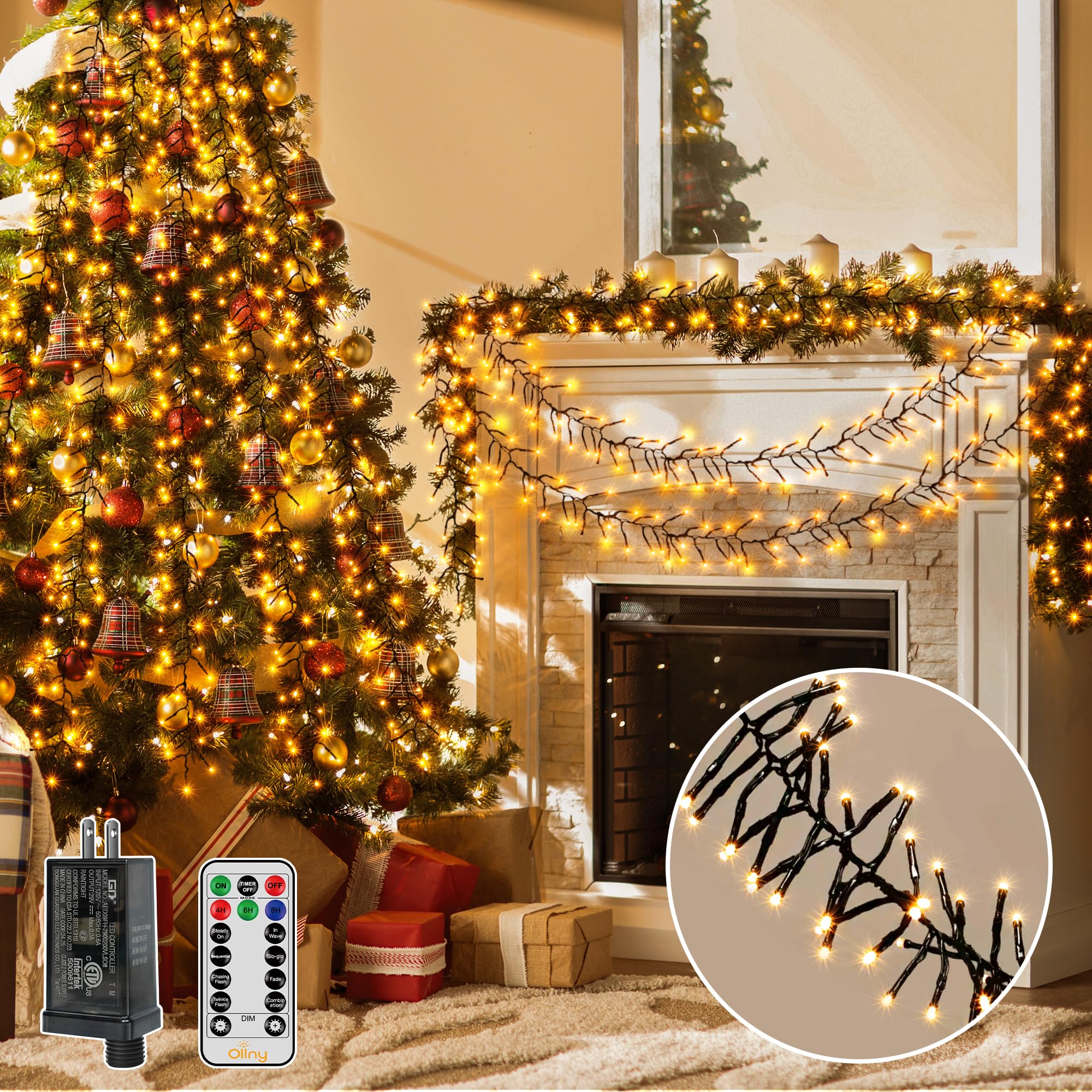 Ollny 1000LED 49FT Christmas Cluster Lights - Warm White String Lights with 8 Modes & Timer Remote Control | Waterproof Indoor/Outdoor Holiday Decor for Christmas Tree, Garland, Patio, Yard, and Home Decoration