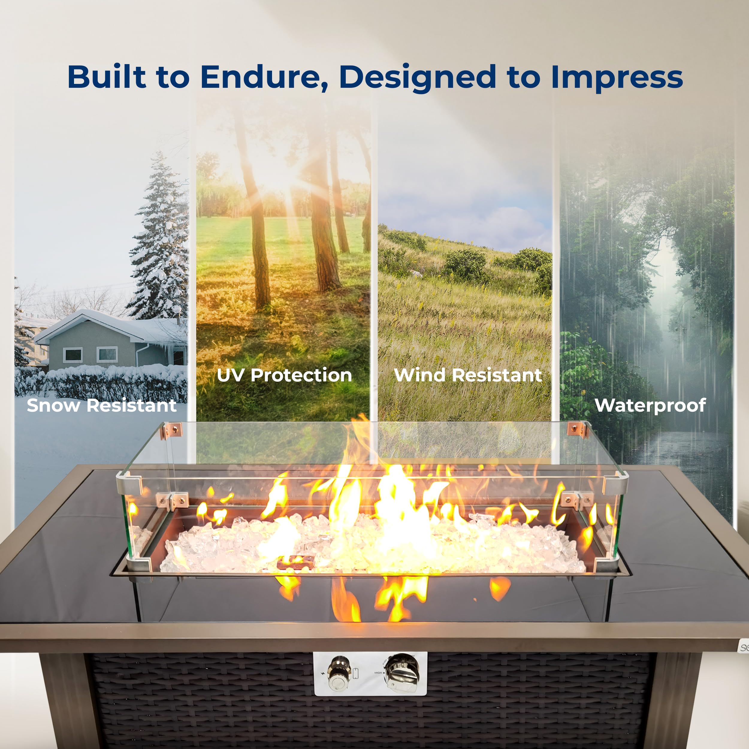 SereneLife 50,000 BTU Outdoor Propane Fire Pit Table with Auto-Ignition - Black Tempered Glass Top & Wind Guard for Patio, Backyard, Garden (Includes Clear Glass Rocks) | Perfect for Outdoor Gatherings, Camping & Relaxation