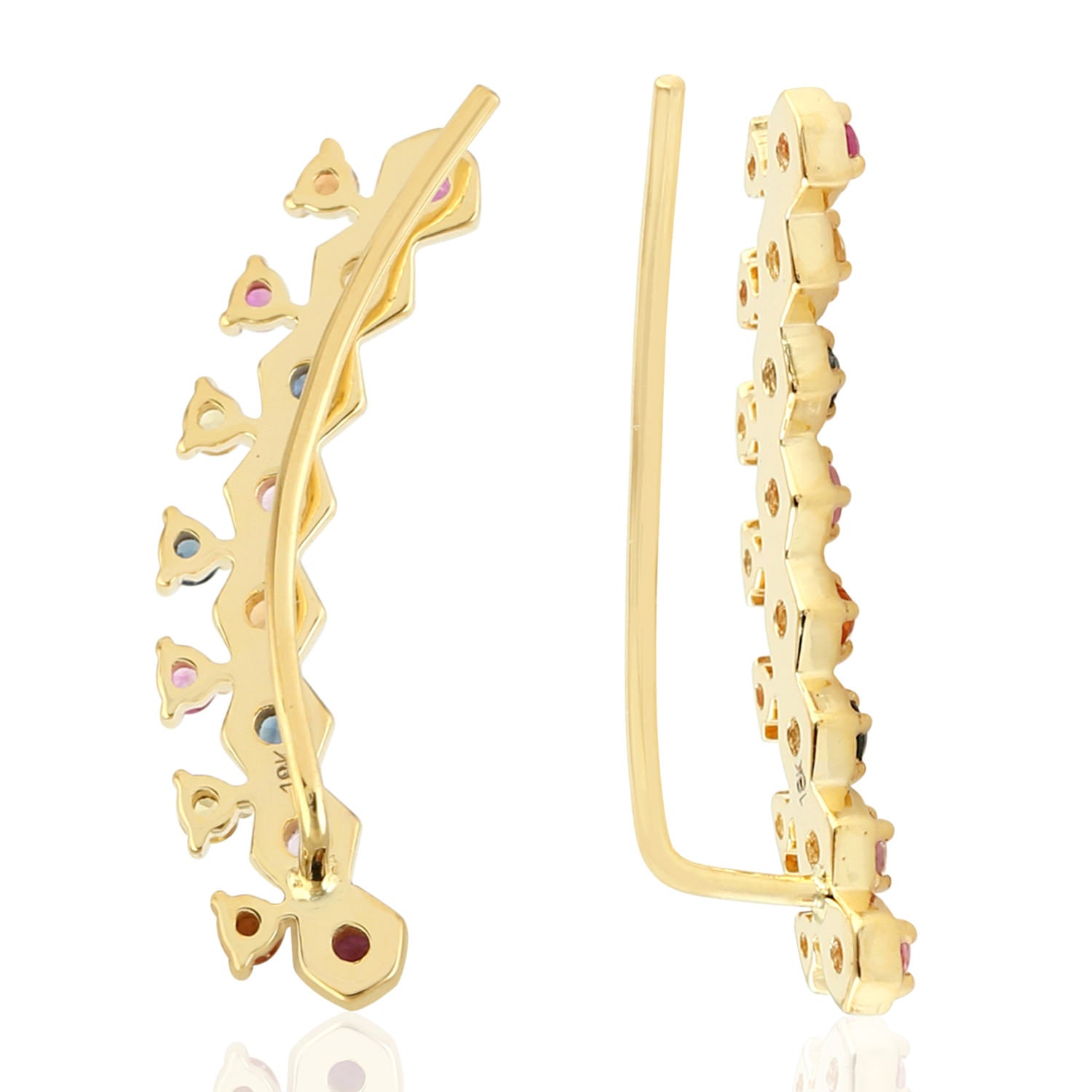 18K Yellow Gold Prong Multicolor Sapphire Ear Climber Earrings for Women | Elegant Gemstone Ear Cuff for Parties, Weddings & Special Occasions