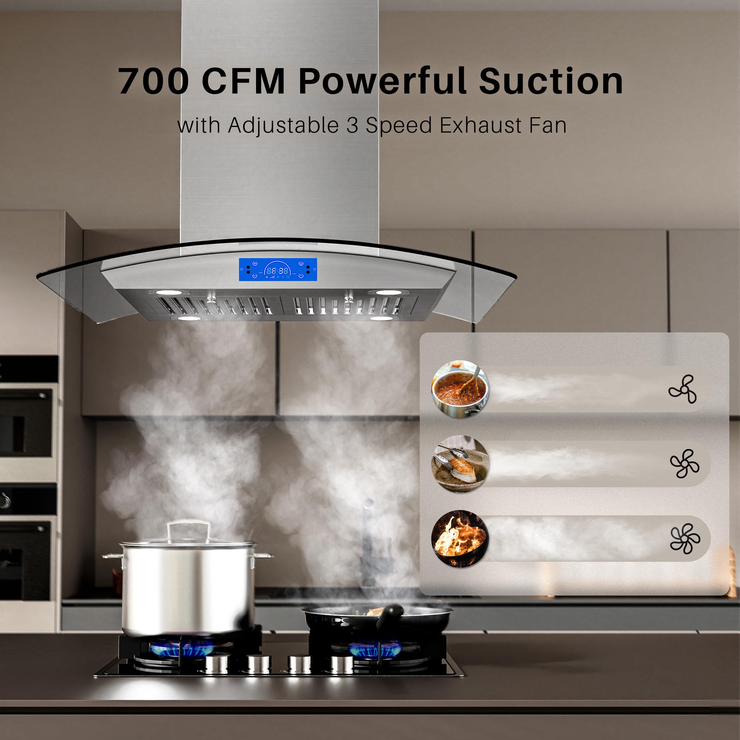 **FIREGAS 30-Inch Island Range Hood 700 CFM - Stainless Steel Chimney Mount Kitchen Vent Hood with Tempered Glass, 4 LED Lights, Permanent & Charcoal Filters, Touch Control Panel - Perfect for Open Kitchen & Modern Home Cooking**