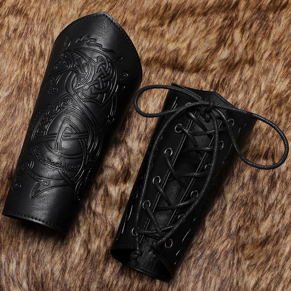 Medieval Leather Bracers - Dragon Embossed Viking Armor Cuffs for LARP, Cosplay & Renaissance Fairs | Authentic Leather Gauntlets for Historical Reenactment & Costume Accessories