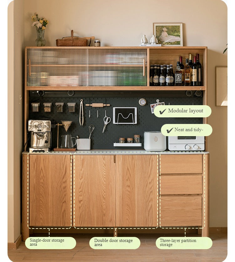 Premium Oak Solid Wood Perforated Rock Board Dining Sideboard - Rustic Kitchen Buffet Cabinet for Dining Room Storage & Display