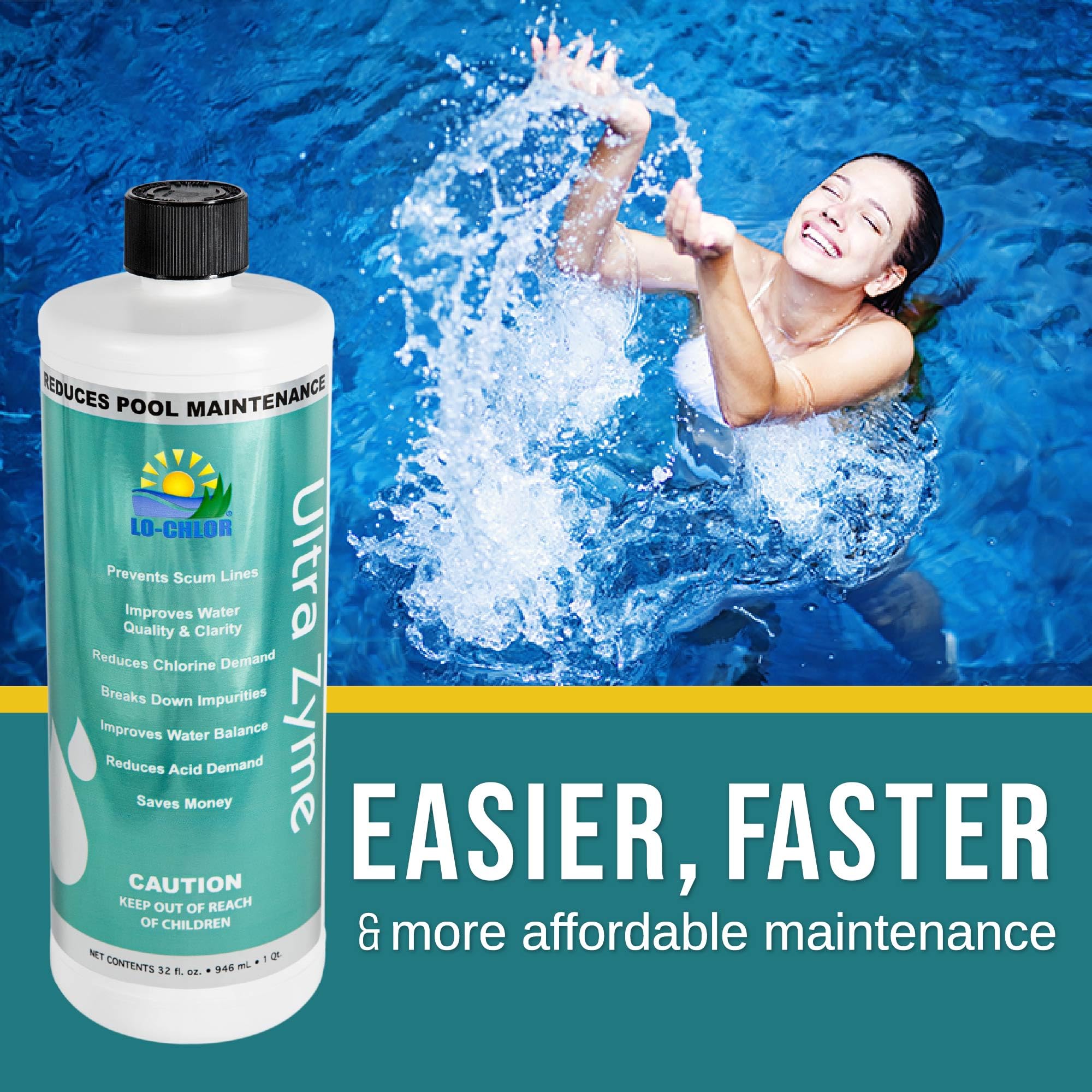 Ultra Zyme Pool Enzyme Treatment - Powerful Broad-Spectrum Swimming Pool Enzymes to Eliminate Scum Lines, Reduce Chlorine Demand & Improve Water Clarity (32 Oz) - Ideal for Inground & Above Ground Pools