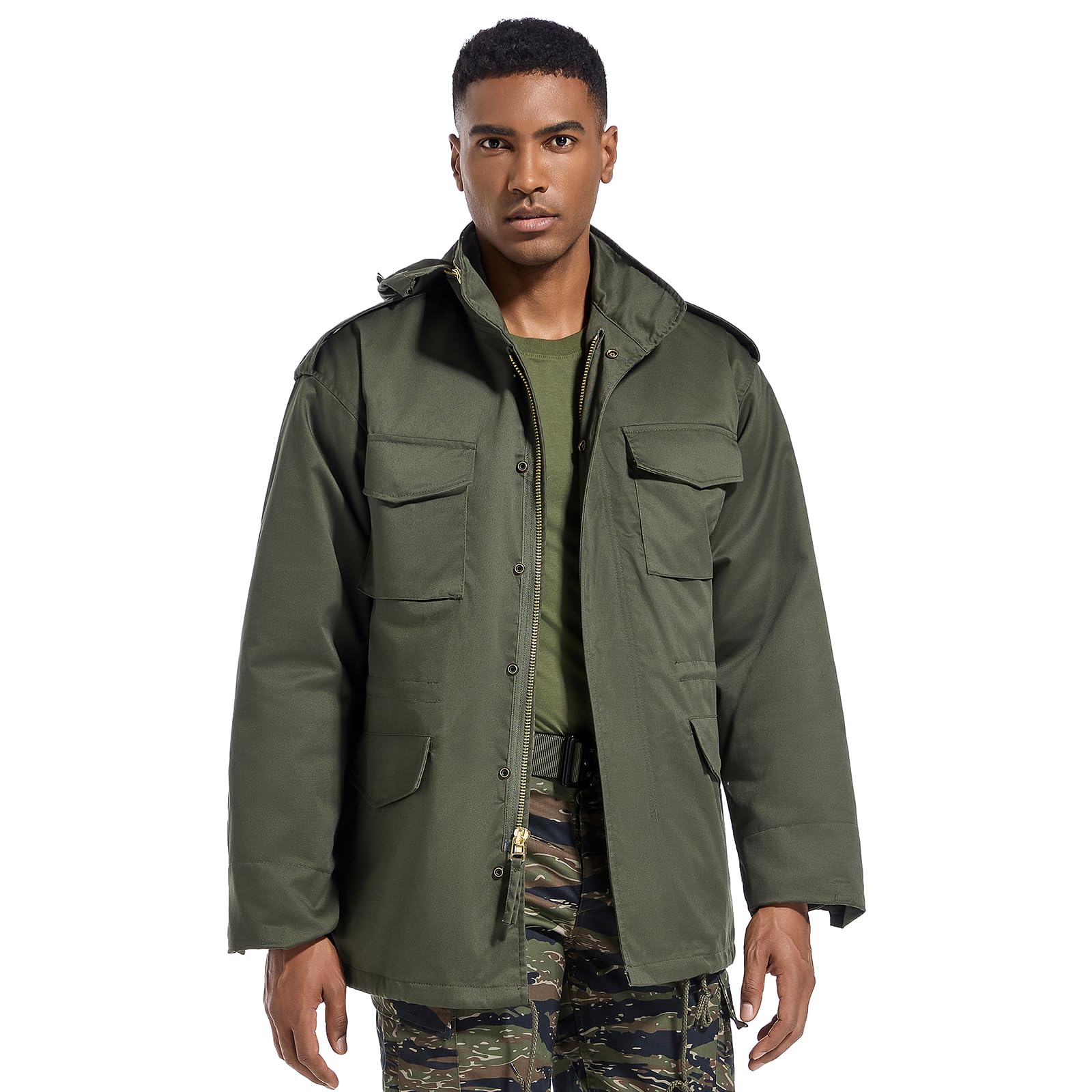 Men's Tactical M65 Field Jacket - Military Style Waterproof Coat with Removable Hood, Fleece Lined, Adjustable Waist & 4 Utility Pockets | Outdoor Hiking, Camping & Winter Wear