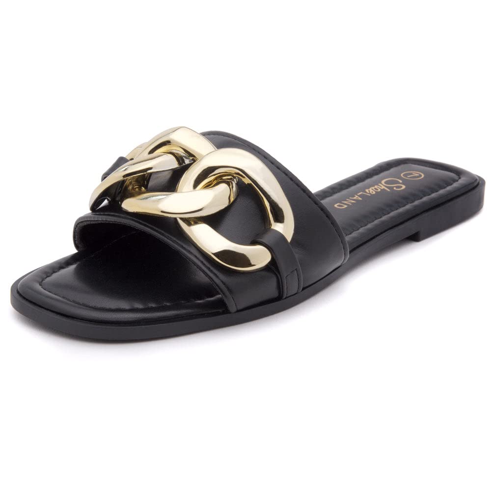 EMMA Women's Flat Sandals - Square Open Toe Slip-On Slides with Metal Chain & Cushioned Footbed | Comfortable Summer Sandals for Beach, Vacation & Daily Wear
