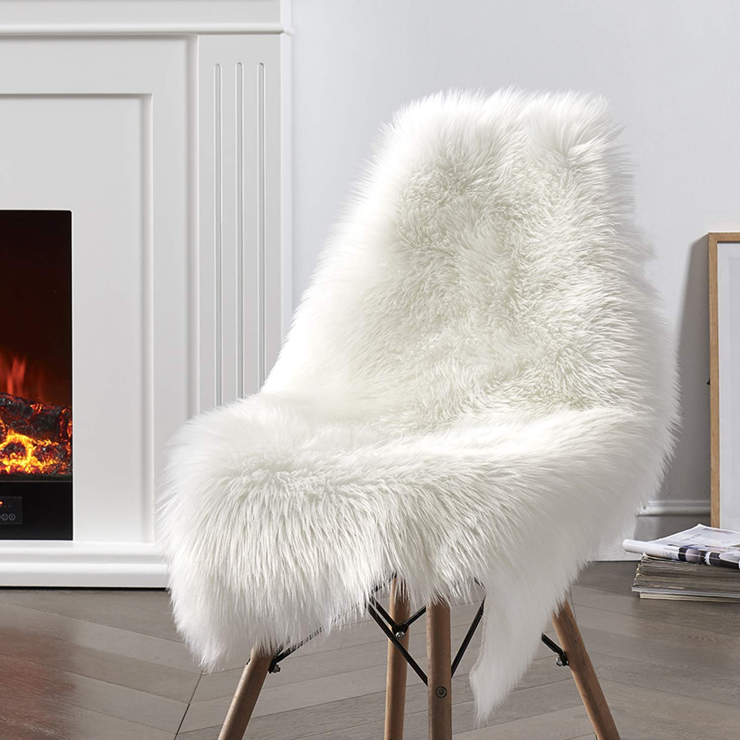 Soft Fluffy Faux Sheepskin Rug 2x3 Feet - White Faux Fur Carpet for Bedroom, Living Room, Nursery | Cozy Chair Cover, Sofa Throw, Floor Mat - Perfect for Winter Decor & Pet Bedding
