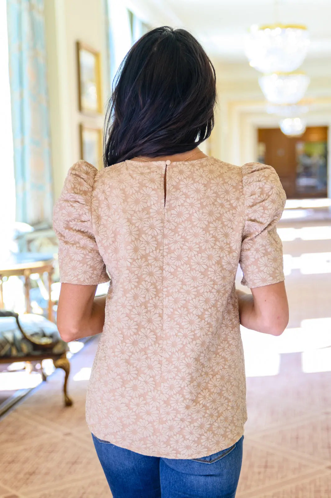 Kelsi Jacquard Puff Sleeve Blouse in Tan | Elegant Women's Fashion Top for Work, Date Night & Special Occasions