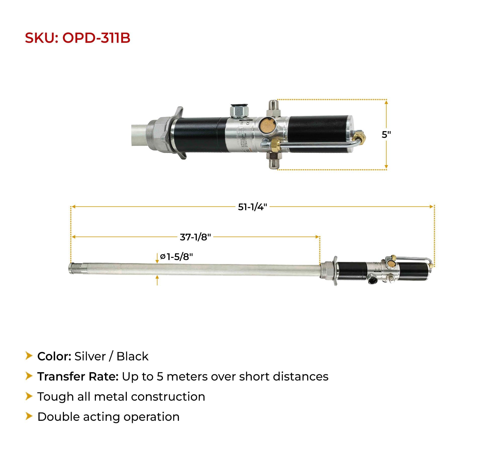 Mytee 1:1 Ratio Air Operated Oil Transfer Pump for 55 Gallon (205L) Drums - 40LPM (10.58GPM) Double Action SA80 Oil Pump - Ideal for Industrial Lubricant Transfer, Automotive Workshops & Drum Storage Facilities
