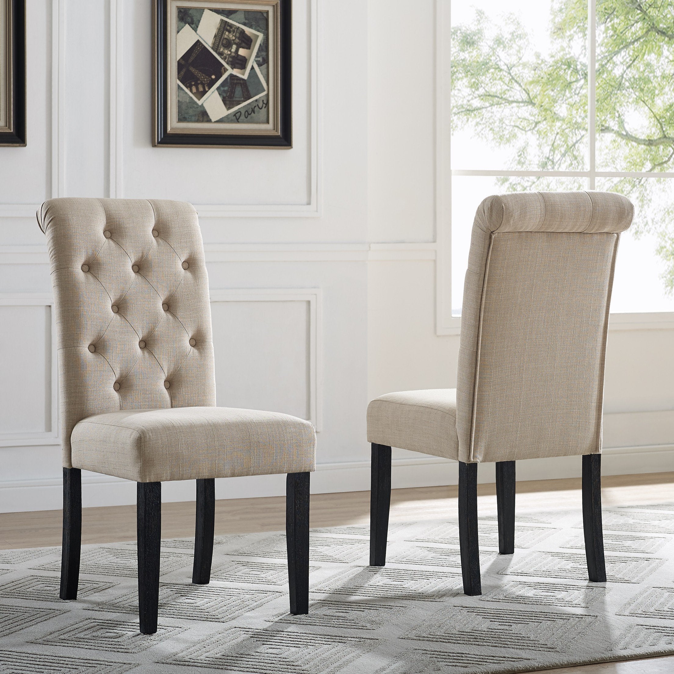 Roundhill Furniture Leviton Solid Wood Tufted Dining Chairs, Set of 2 - Elegant Upholstered Side Chairs for Kitchen, Dining Room & Office - Comfortable & Durable Wooden Seating for Home Decor