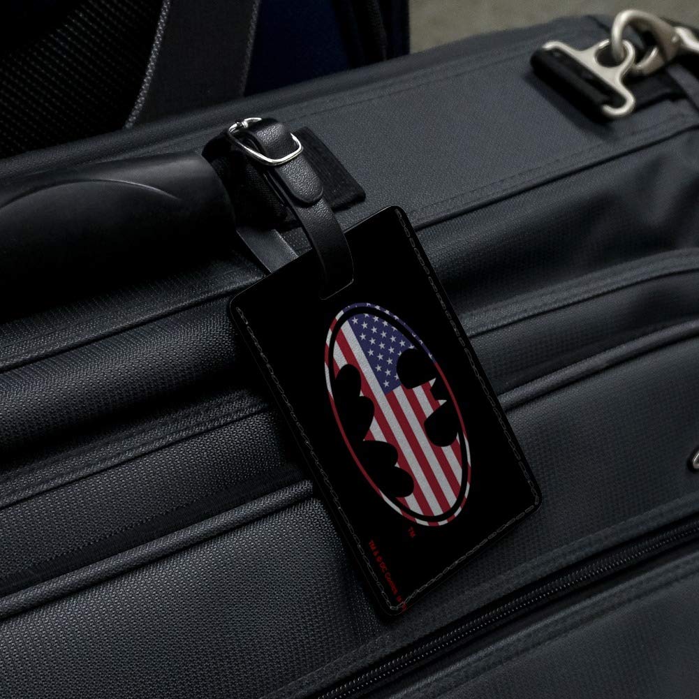 Batman USA American Flag Shield Logo Rectangle Leather Luggage Tag - Durable ID Card Holder for Travel Bags, Suitcases & Backpacks - Perfect for Superhero Fans & Patriotic Travelers