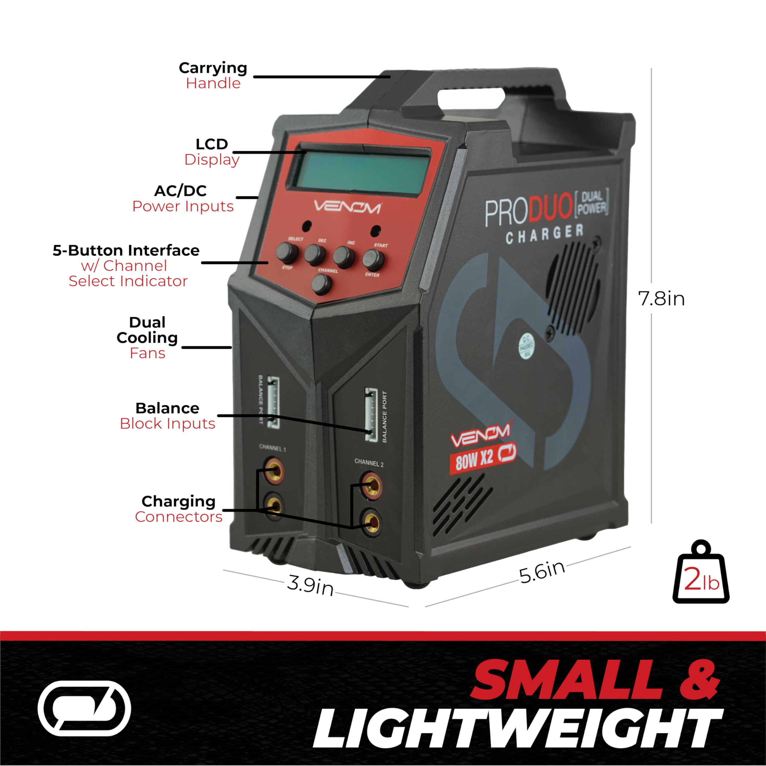 Venom Power Pro Duo LiPo Battery Charger - LCD Display with Charging Cables - Balance Charger & Discharger for LiPo, LiHV, Li-Ion, LiFe, NiMH, NiCd, Pb Batteries (1S-6S) - Perfect for Drones, RC Cars, Airplanes & Hobby Vehicles - Fast Charging & Safe Power Supply