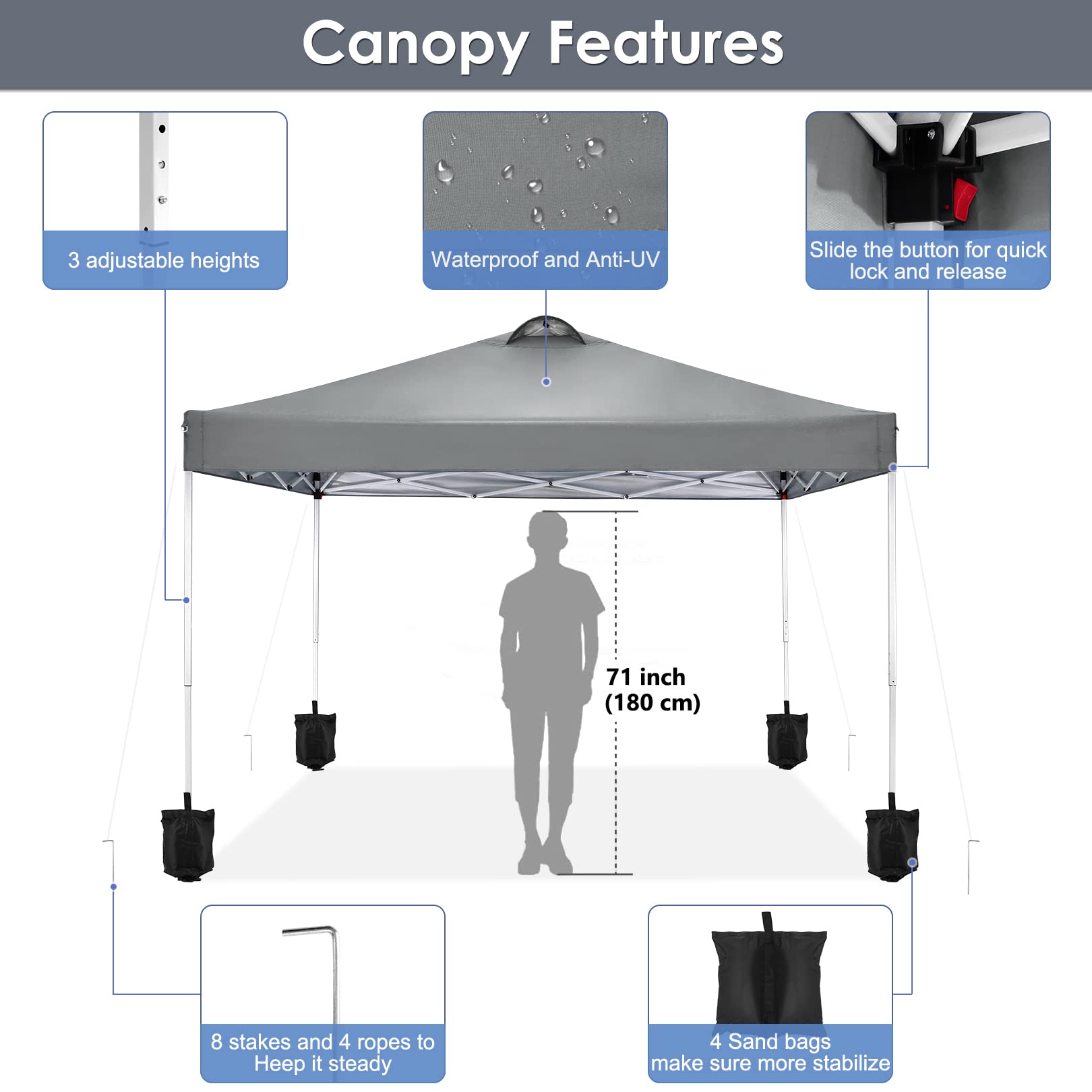 COBIZI 10x10 Pop Up Canopy Tent - Waterproof Instant Gazebo with 4 Sidewalls, Sandbags & Stakes for Outdoor Events, Parties, Backyard & Commercial Use | Perfect for Picnics, Farmers Markets & Beach Outings