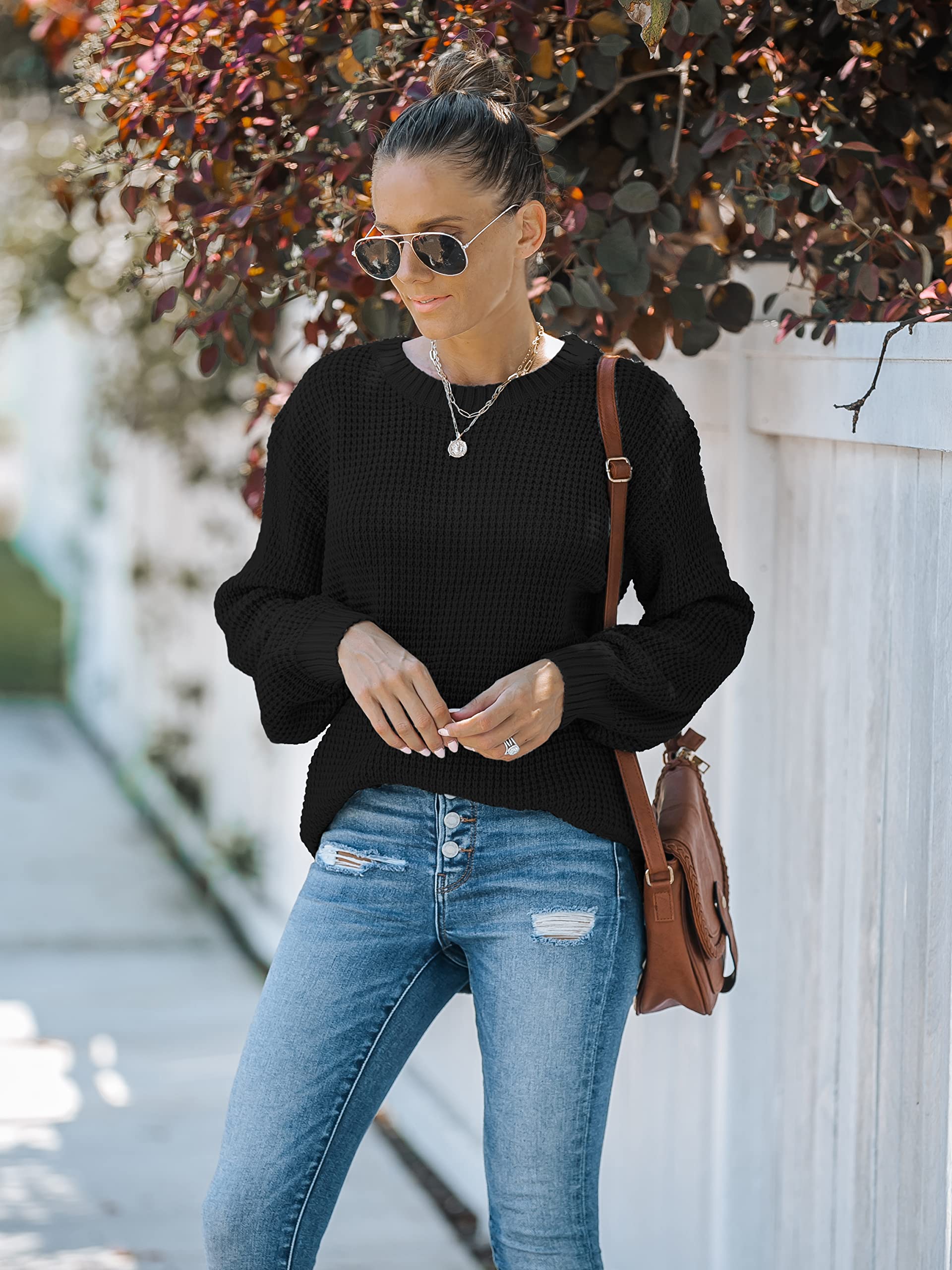 MEROKEETY Women's 2024 Fall Waffle Knit Sweater - Long Balloon Sleeve Loose Pullover Jumper - Casual Knitted Top for Autumn | Perfect for Coffee Dates, Office Wear & Weekend Outfits