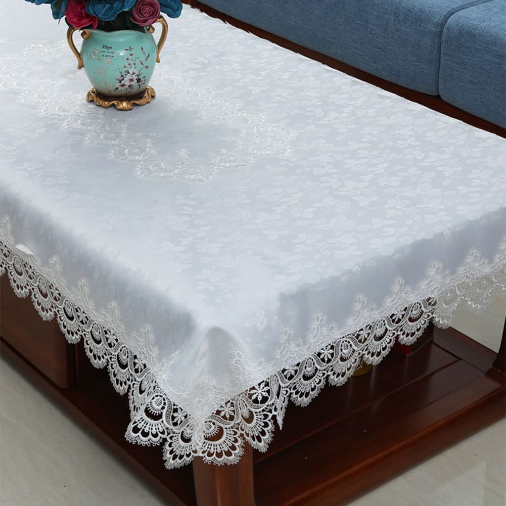 Luxury Floral Embroidered Tablecloth - European Style Lace Trim Coffee Table Cover 57x57 Inch Wrinkle-Free Fabric for Dining Room, Kitchen, Wedding & Home Decor