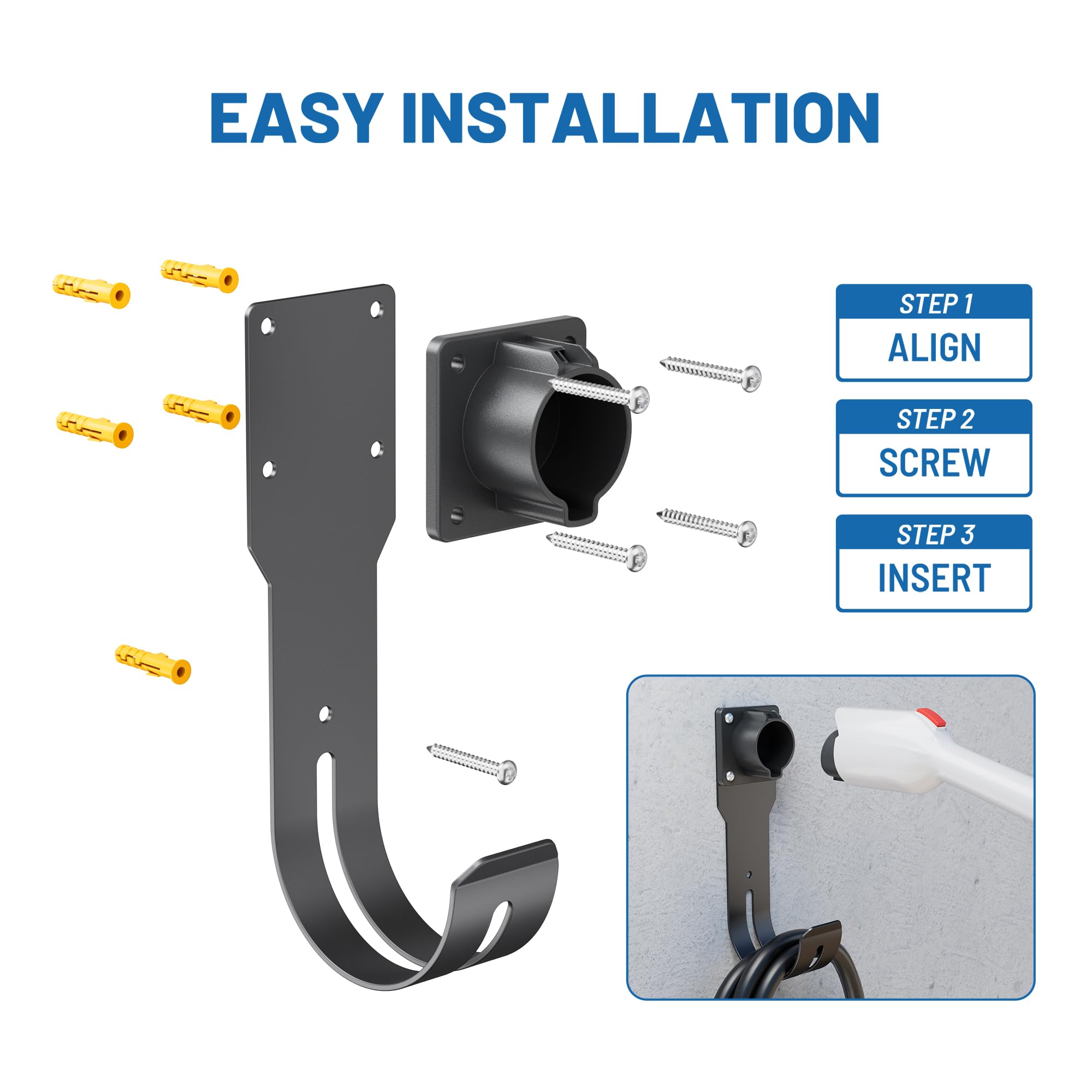 SAE J1772 EV Charger Holder - Wall Mount Nozzle Holster Dock & J-Hook Combo for Electric Vehicle Charging Cable Organization | Perfect for Home Garage, Workplace & Public Charging Stations