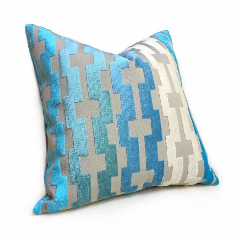 Modern Velvet Geometric Stripe Pillow Cover - Aqua Turquoise Blue & Beige Cream - Luxury Home Decor for Living Room, Bedroom, Sofa & Couch - Premium Soft Velvet Fabric - Ready to Ship
