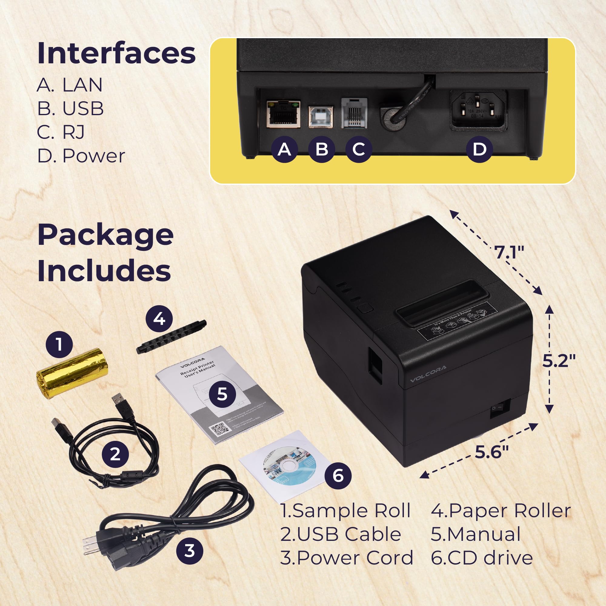 Volcora 80mm Thermal POS Printer with Auto Cutter - USB/Ethernet Interface for Windows, MAC & Linux - ESC/POS Command Support - High-Speed Kitchen & Retail Receipt Printer - Wall Mountable (Black) - Perfect for Restaurants, Retail Stores & Small Businesses