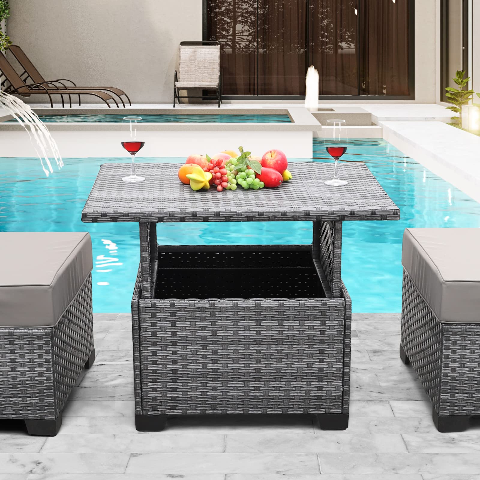 Rattan Coffee Table with Hidden Storage - Lift-Top Wicker Patio Table - Outdoor Dining & Living Room Furniture - Grey - Perfect for Backyard, Garden, and Balcony Use