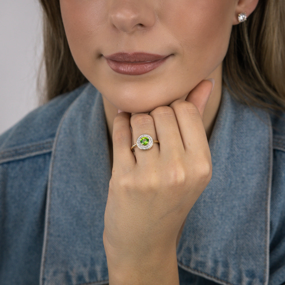 0.87 Carat Natural Peridot and Diamond Ring in 9K Yellow Gold - Elegant Birthstone Jewelry for August, Anniversary Gifts & Special Occasions