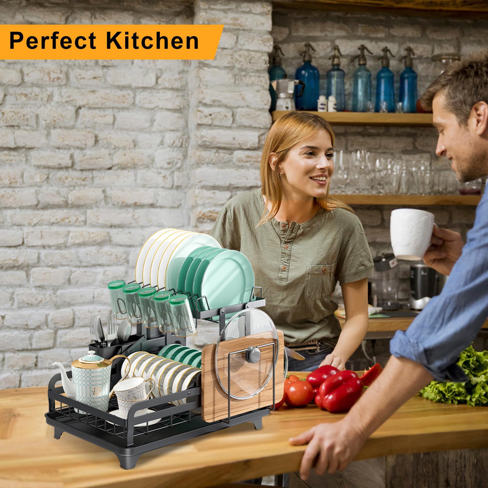 2-Tier Stainless Steel Dish Drying Rack for Kitchen Counter - No Installation Needed with Drain Board - Space Saving Dish Organizer for Small Apartments - Perfect for Drying Plates, Cups & Utensils After Washing