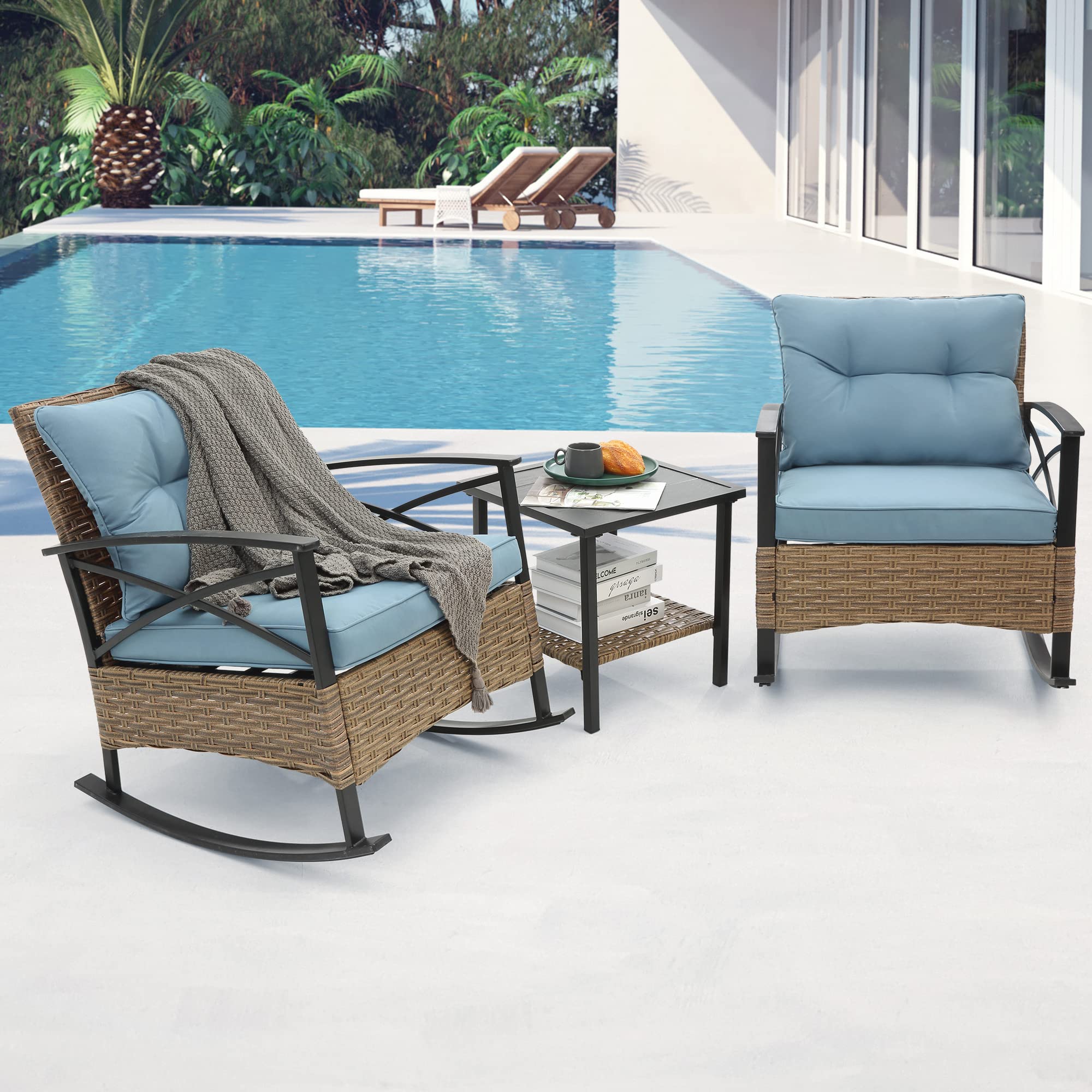 3-Piece Outdoor Rocking Chair Set - Patio Bistro Furniture with 2 Wicker Rockers & Blue Cushions + Table - Perfect for Porch, Lawn, Garden & Backyard Relaxation