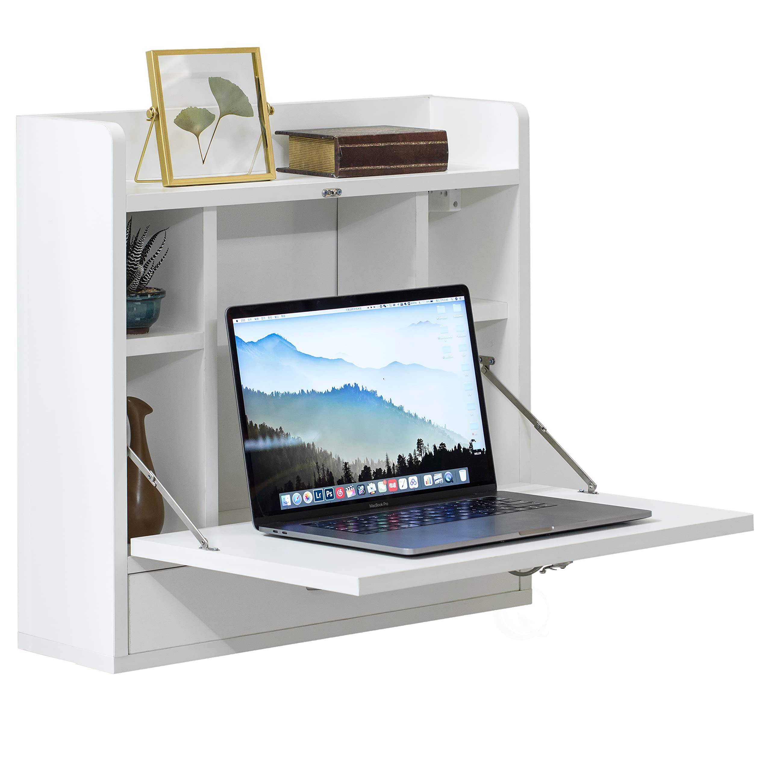 Basicwise Wall Mount Folding Laptop Desk with Storage Shelves & Drawer - Space Saving Computer Workstation, Writing Table, Makeup Vanity - Perfect for Small Apartments, Home Office & Bedroom Organization (White)