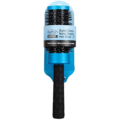 ForPro Expert Stylist Choice Nano Ceramic Hair Brush - 100% Natural Anion Bristles with Silicone Ergonomic Handle - 2 Inch Ceramic Round Brush for Smooth Styling & Frizz Control - Perfect for Blowouts, Curling & Salon-Quality Results at Home (Matte Blue)