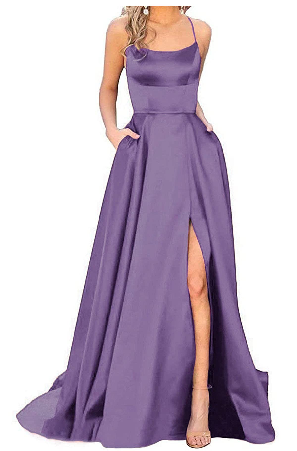 Elegant Women's Spaghetti Strap Prom Dresses - Satin Long Backless Formal Evening Gown with Pockets | Perfect for Homecoming, Wedding Guest, Cocktail Party & Special Occasions